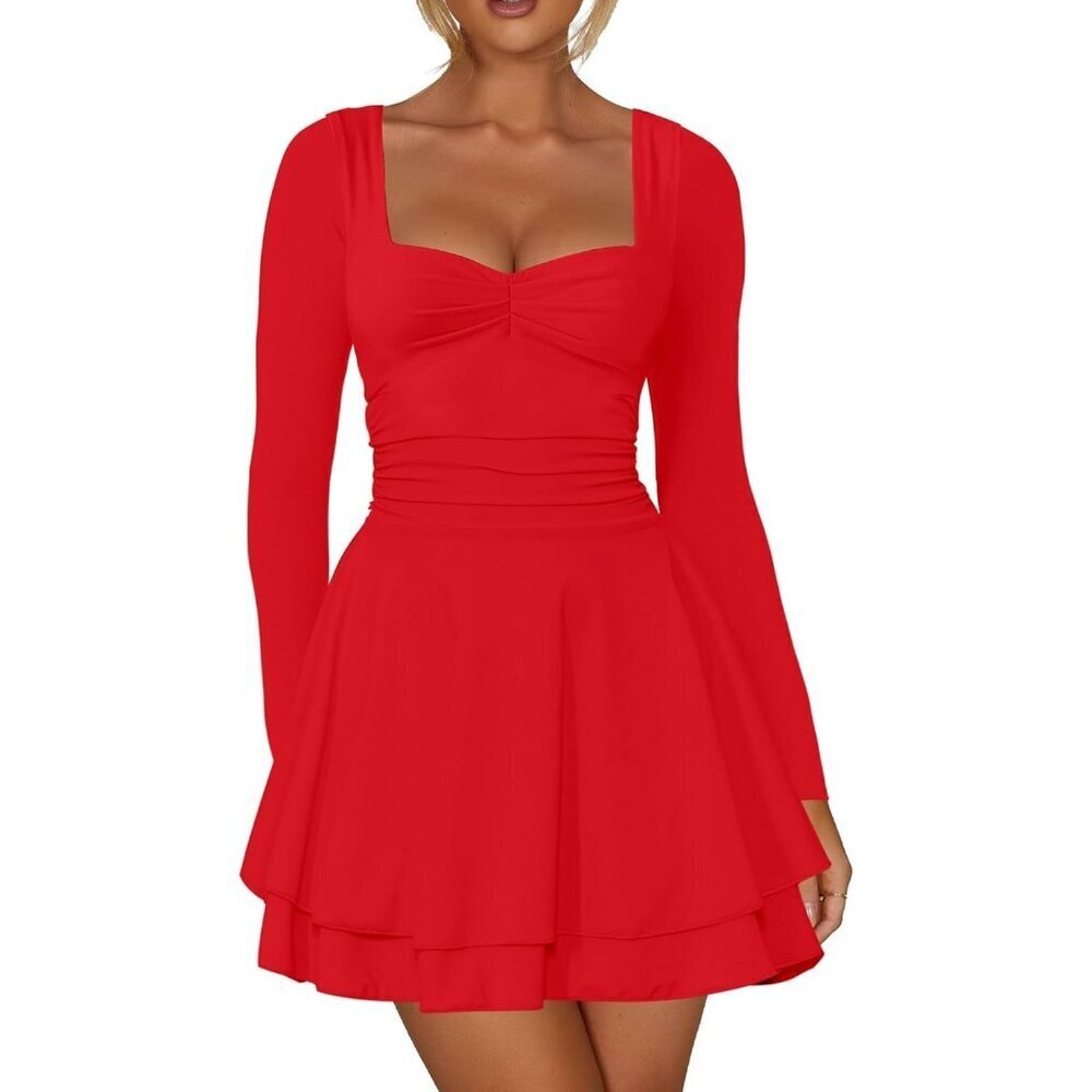 Women's Red Square Neck Long Sleeves Ruched Ruffle Corset A Line Party Dress